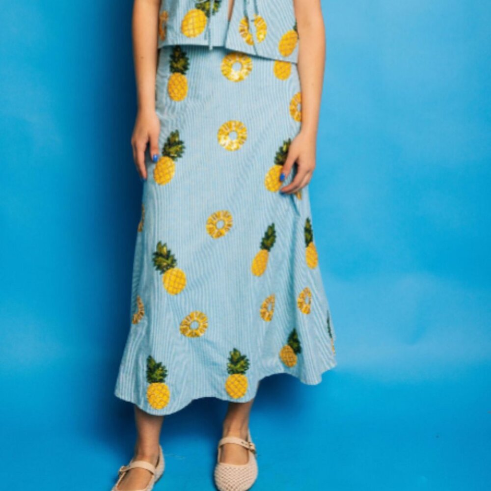 Queen of Sparkles Striped Pineapple Midi Skirt – Blue & White